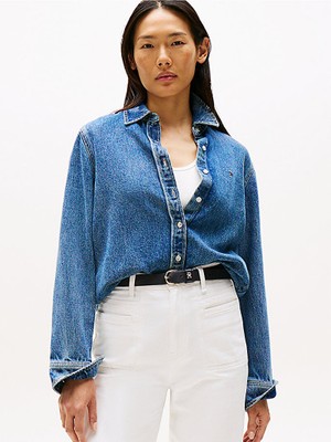 Tommy Hilfiger Kadın Normal Kalıp Gömlek Yaka Uzun Kollu Denim Mavi Gömlek WW0WW47219-1A5