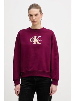 Calvin Klein Kadın Normal Kalıp Pamuklu Logo Işlemeli Uzun Kollu Mor Sweatshirt LV047E825G-2E5
