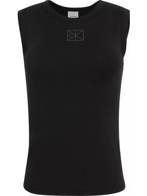 Calvin Klein Kadın Slim Fit Yuvarlak Yakalı Kolsuz Ck Logo Işlemeli Siyah Bluz LV044D200G-UB1