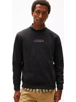 Tommy Hilfiger Erkek Normal Kalıp Logo Desenli Yuvarlak Yakalı Uzun Kollu Siyah Sweatshirt MW0MW41428-BDS