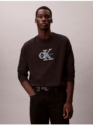 Calvin Klein Erkek Regular Fit Yuvarlak Yaka Ck Logo Kabartmalı Pamuklu Uzun Kollu Siyah T-Shirt LV04RE257G-UB1