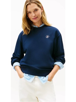 Tommy Hilfiger Kadın Pamuklu Bisiklet Yaka Uzun Kollu Lacivert Sweatshirt WW0WW49418-C1G