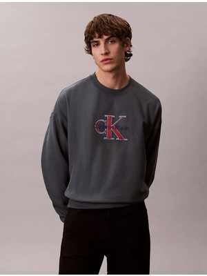 Calvin Klein Erkek Ck Yazı Desen Uzun Kol Pamuklu Bisiklet Yaka Gri Sweatshirt LV04RE200G-WD7