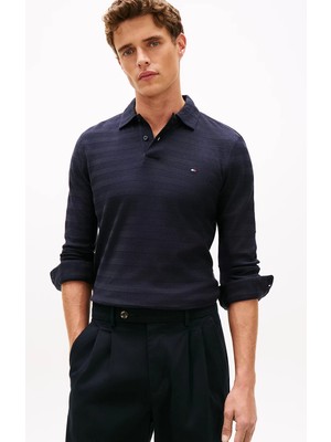 Tommy Hilfiger Erkek Balıksırtı Jakarlı Saf Pamuklu Uzun Kollu Lacivert Polo Yaka T-Shirt MW0MW40292-DW5