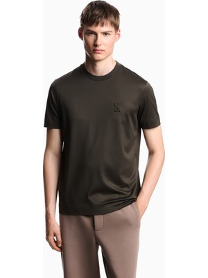Emporio Armani Erkek Pamuklu Normal Kalıp Yuvarlak Yakalı Logo Işlemeli Kısa Kollu Haki T-Shirt EM002963 AF10761-U8120