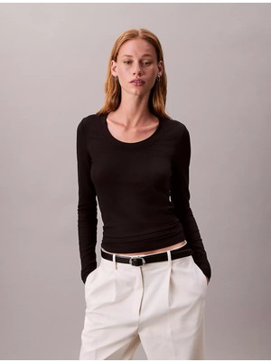 Calvin Klein Kadın Yuvarlak Yaka Slim Fit Uzun Kollu Siyah T-Shirt LV044D235G-UB1