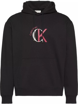 Calvin Klein Erkek Regular Fit Kapüşonlu Yaka Pamuklu Logo Baskılı Uzun Kollu Siyah Sweatshirt LV04RE255G-UB1