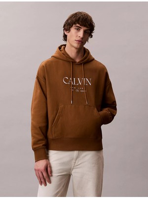 Calvin Klein Erkek Kapüşonlu Yaka Calvin Yazı Desen Uzun Kol Cep Detay Kahverengi Sweatshirt LV04RE207G-2E3