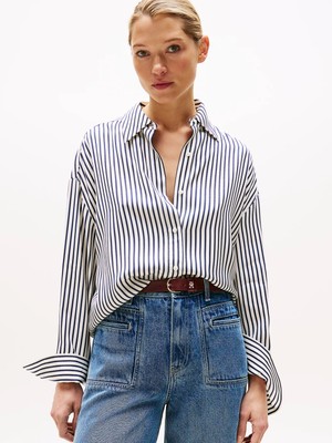Tommy Hilfiger Kadın Gömlek Yaka Çizgili Uzun Kol Regular Fit Beyaz Gömlek WW0WW45888-0FD