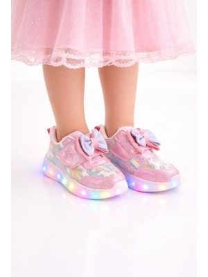 Minibonito Kız Çocuk Kurdele Detay Simli LED Taban Spor Ayakkabı