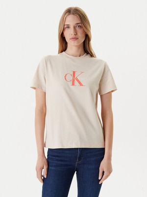 Calvin Klein Kadın Normal Kalıp Yuvarlak Yakalı %100 Pamuk Ck Logo Baskılı Kısa Kollu Bej T-Shirt LV047B865G-C7P
