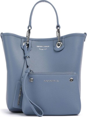 Emporio Armani Kadın Geniş Deri Kısa El Tutma Uzun Logo Detaylı Askı Mavi Omuz Çantası EW000362 AF12036-M8128