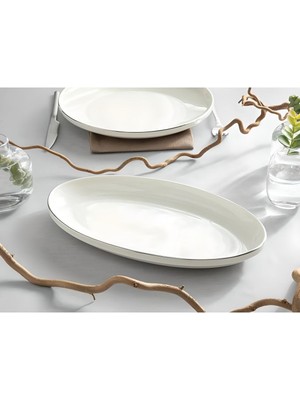 PremiumPort Modern Gümüş Silver 2'li 30 cm Porselen Kayık Sunum Tabağı Seti