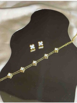 Güneş Takı Gold Beyaz Mini Yonca Model Bileklik, Mini Küpe Seti