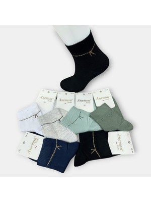 Anemon Socks Pamuklu Kurdele Desenli Taşlı Bayan Çorap 12 Çift