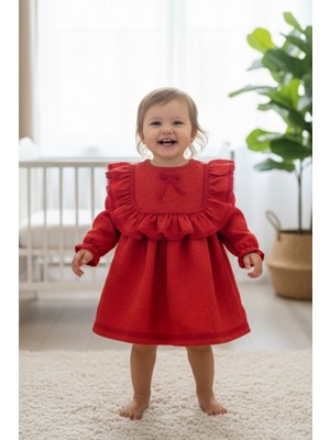 Bertuğ Bebek Dantelli ve Fırfırlı Kabartmalı Krep Kırmızı Kız Çocuk Bebek Elbise