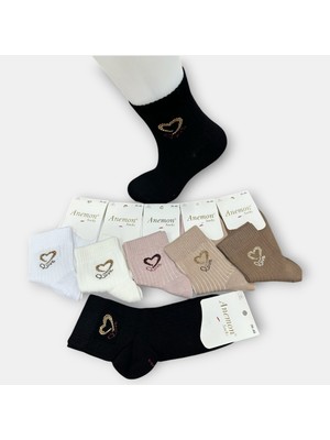 Anemon Socks Pamuklu Kalp Desenli Taşlı Bayan Çorap 12 Çift