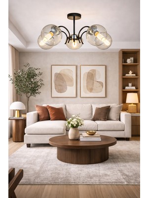 Esslight Luna 5 Li Füme Glop Camlı Salon Mutfak Yatak Odası Plafonyer Avize