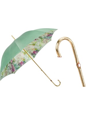 Pasotti Yeşil ve Pembe Güller Desenli Çift Katlı Şemsiye Manuel Açma - %100 Polyester - Işlemeli Pirinç Sap Uzunluk: 93 cm - Çap: 102 cm