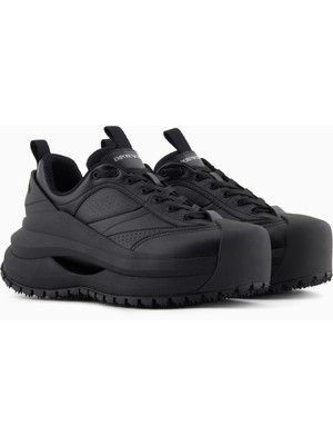 Emporio Armani Erkek Kalın Taban Bağcıklı Taban Arkası Marka Yazı Desenli Siyah Sneaker EM003035 AF18226-MC105