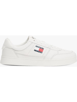 Tommy Hilfiger Erkek Rahat Düz Taban Nefes Alabilir Üst Yüzeyli Deri Beyaz Sneaker EM0EM01574-YBL