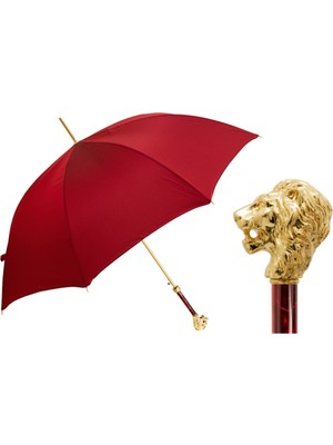 Pasotti Altın Aslan Saplı Kırmızı Şemsiye, Otomatik Açılır - %100 Polyester - Yaldızlı Reçine Sap Uzunluk: 95 cm - Çap: 110 cm