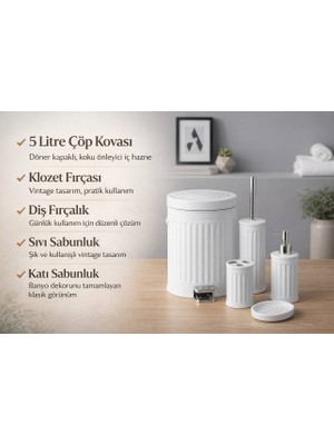 Livona Concept 5’li Banyo Seti Beyaz | Çöp Kovası, Klozet Fırçası, Sabunluk ve Diş Fırçalık