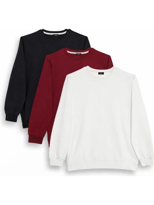 Tudors Erkek 3'lü Siyah-Bordo-Beyaz Relax Fit Rahat Kesim %100 Pamuk 2 Iplik Bisiklet Yaka Sweatshirt