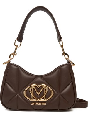 Love Moschino Kadın Kapitoneli Deri Metal Logo Desenli Fermuar Kapama Kahverengi Omuz Çantası JC4080PP0NLC0-313