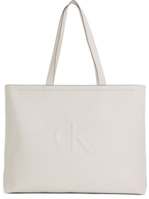 Calvin Klein Kadın Deri Ck Kabartma Monogram Yazı Detay Geniş Kısa Kulp Gri Omuz Çantası LV04K3070G-WGY