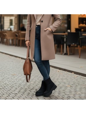 Ne&Ve Shoes Siyah Süet Hakiki Deri Içten Fermuarlı Kadın Kalın Tabanlı Bot