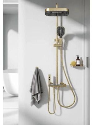 İsaoğlu Yapı Mat Gold Duş Sistemi Piano Sistem Tepe Yağmurlamalı Mat Altın Fırçalanmış