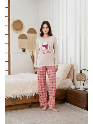 Madame Clara Ekose Desenli Ayıcık Detaylı Uzun Kollu Kadın Pijama Takımı
