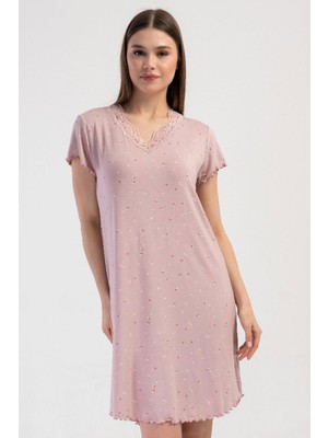 Vienetta Kadın Dantelli V Yaka Kısa Kol Gül Kurusu Gecelik Tunik C3T1N3904