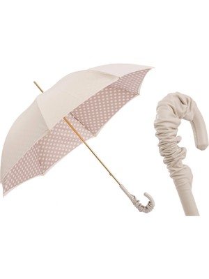 Pasotti Puantiyeli Fildişi Rengi Çift Katlı Kumaş Şemsiye Manuel Açma - %100 Polyester - Deri Sap Uzunluk: 93 cm - Çap: 102 cm