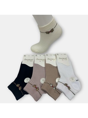 Anemon Socks Pamuklu Kurdele Desenli Taşlı Bayan Çorap 12 Çift