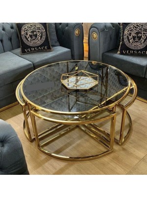 Çelsan Kares Yuvarlak 4+1 Lüks Orta Sehpa ve Zigon Seti – Gold Metal Ayaklı Siyah Cam | 5 Parça | Yerli Üretim