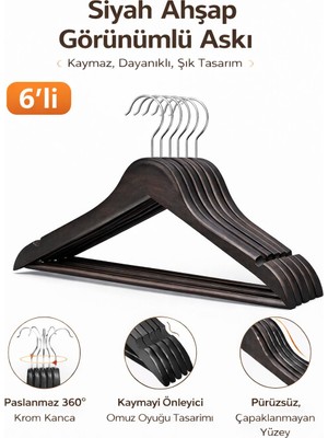 Dory  6 Adet Ahşap Görünümlü Elbise ve Kıyafet Askısı - Siyah Askı