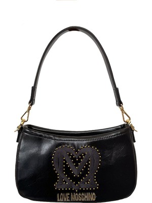 Love Moschino Kadın Kalın Kısa Kulp Deri Fermuar Kapama Siyah Omuz Çantası JC4381PP0NKT0-000