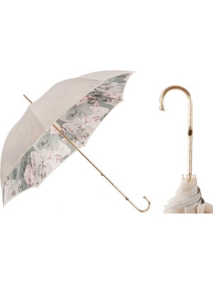 Pasotti Çiçek Motifli, Çift Katlı Kumaştan Fildişi Rengi Şemsiye Manuel Açma - %100 Polyester - Pirinç Sap Uzunluk: 93 cm - Çap: 102 cm