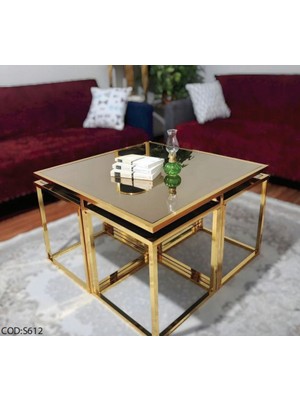 Çelsan Kares 4+1 Lüks Orta Sehpa ve Zigon Seti – Gold Metal Ayaklı Siyah Cam | 5 Parça | Yerli Üretim