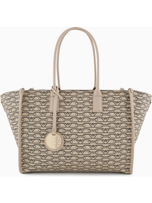 Emporio Armani Kadın Fermuarla Kapanır ve Tek Bir Ana Bölmeli Logo Desenlii Bej Omuz Çantası EW000370 AF11951-F1074