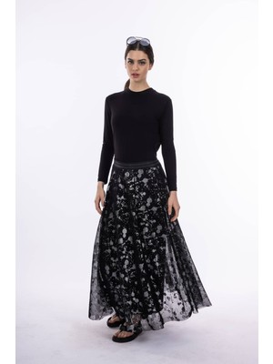 By Özlem Yazan Simli Lastik Bel Detaylı File Kumaş Kloş Kesim Astarlı Uzun Kadın Etek