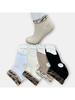 Anemon Socks Pamuklu Leopar Desenli Taşlı Bayan Çorap 12 Çift