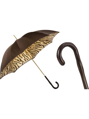 Pasotti Kaplan Çizgili Iç Yüzeye Sahip, Çift Kat Kumaştan Kahverengi Şemsiye Manuel Açma - %100 Polyester - Deri Sap Uzunluk: 93 cm - Çap: 102 cm