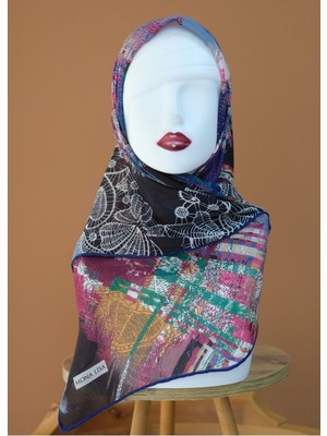 Sinem Monalisa El Dikişli Dijital Bambu Eşarp Lacivert