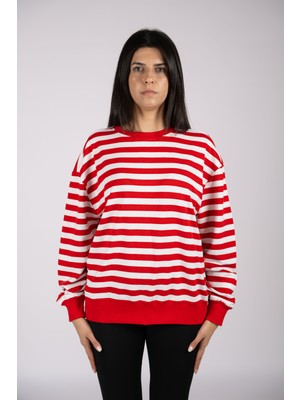 Defy's Helen Kadın Tüylenme Yapmayan Organik Pamuklu 2 İplik Yuvarlak Yaka Oversize Çizgili Kırmızı Sweatshirt