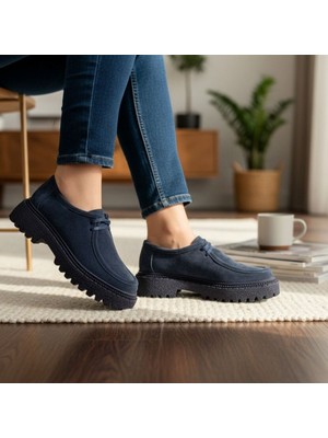 Ne&Ve Shoes Lacivert Süet Hakiki Deri Bağcıklı Lacivert Tabanlı Kadın Günlük Casual Ayakkabı