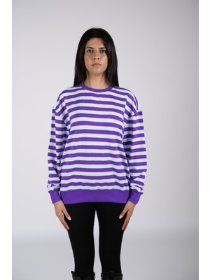 Defy's Helen Kadın Tüylenme Yapmayan Organik Pamuklu 2 İplik Yuvarlak Yaka Oversize Çizgili Mor Sweatshirt