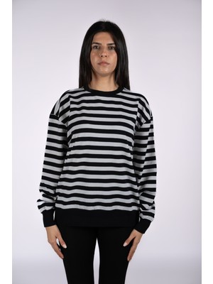 Defy's Helen Kadın Tüylenme Yapmayan Organik Pamuklu 2 İplik Yuvarlak Yaka Oversize Çizgili Siyah Sweatshirt